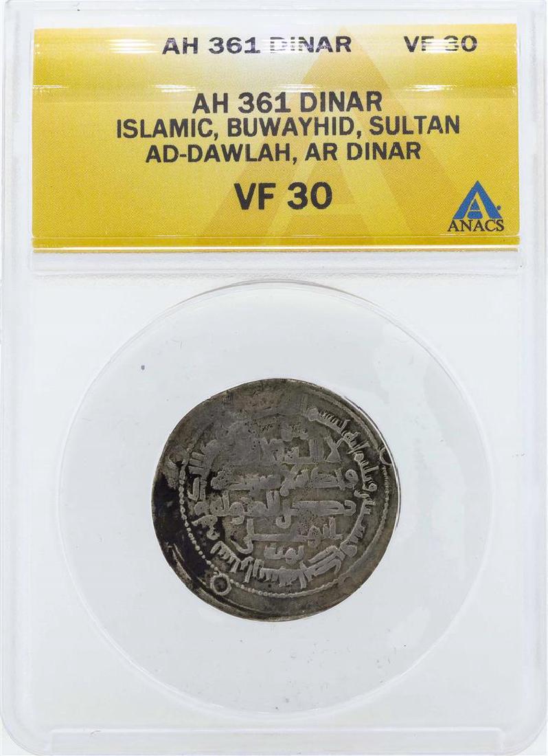 AH 361 Islamic Buwayhid Dinar Coin ANACS VF30: One AH 361 Islamic Buwayhid Dinar Coin ANACS VF30. ANACS Certified.