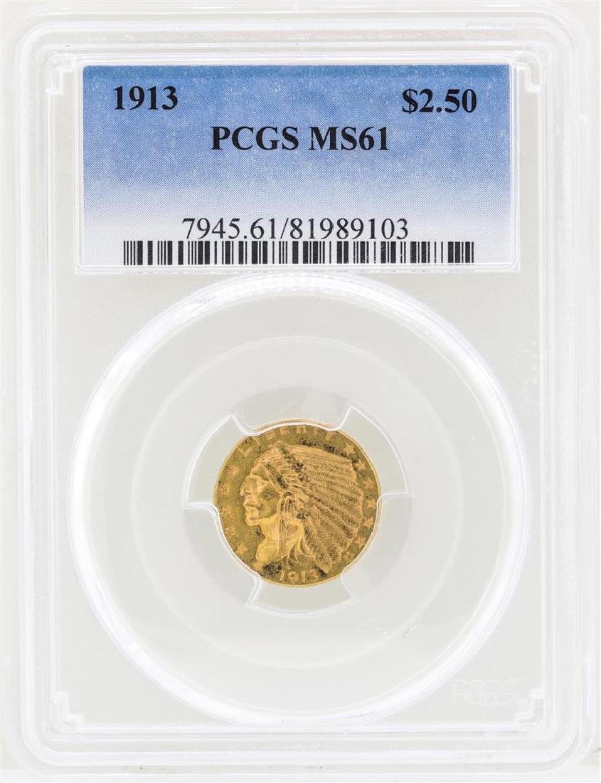 1913 $2 1/2 Indian Head Quarter Eagle Gold Coin NGC: One 1913 $2 1/2 Indian Head Quarter Eagle Gold Coin NGC MS61. NGC Certified.