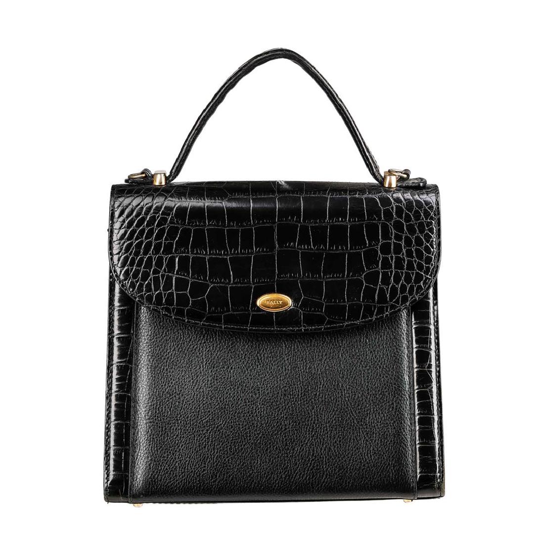 Bally Black Leather Handbag: Authentic Black Bally handbag in black calf and crocodile leather with gold-tone hardware. This vintage handbag stands out with its tonal crocodile and calf leather trim, removable shoulder strap, top