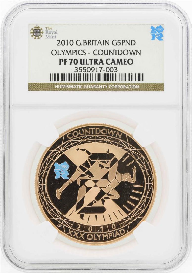 2010 Great Britain 5 Pound Olympics Countdown Gold: One 2010 Great Britain 5 Pound Olympics Countdown Gold Proof Coin NGC PF70 Ultra Cameo. NGC Certified.