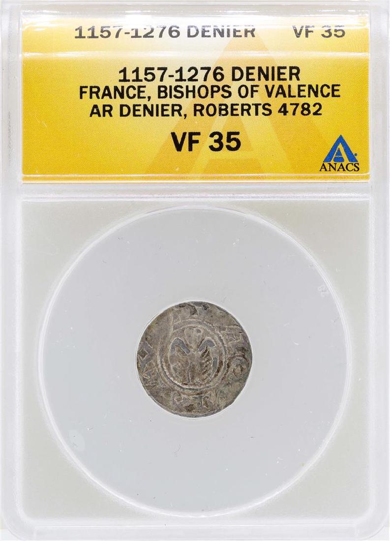 1157-1276 Denier France Bishops of Valence Coin ANACS: One 1157-1276 Denier France Bishops of Valence Coin ANACS VF35. ANACS Certified.