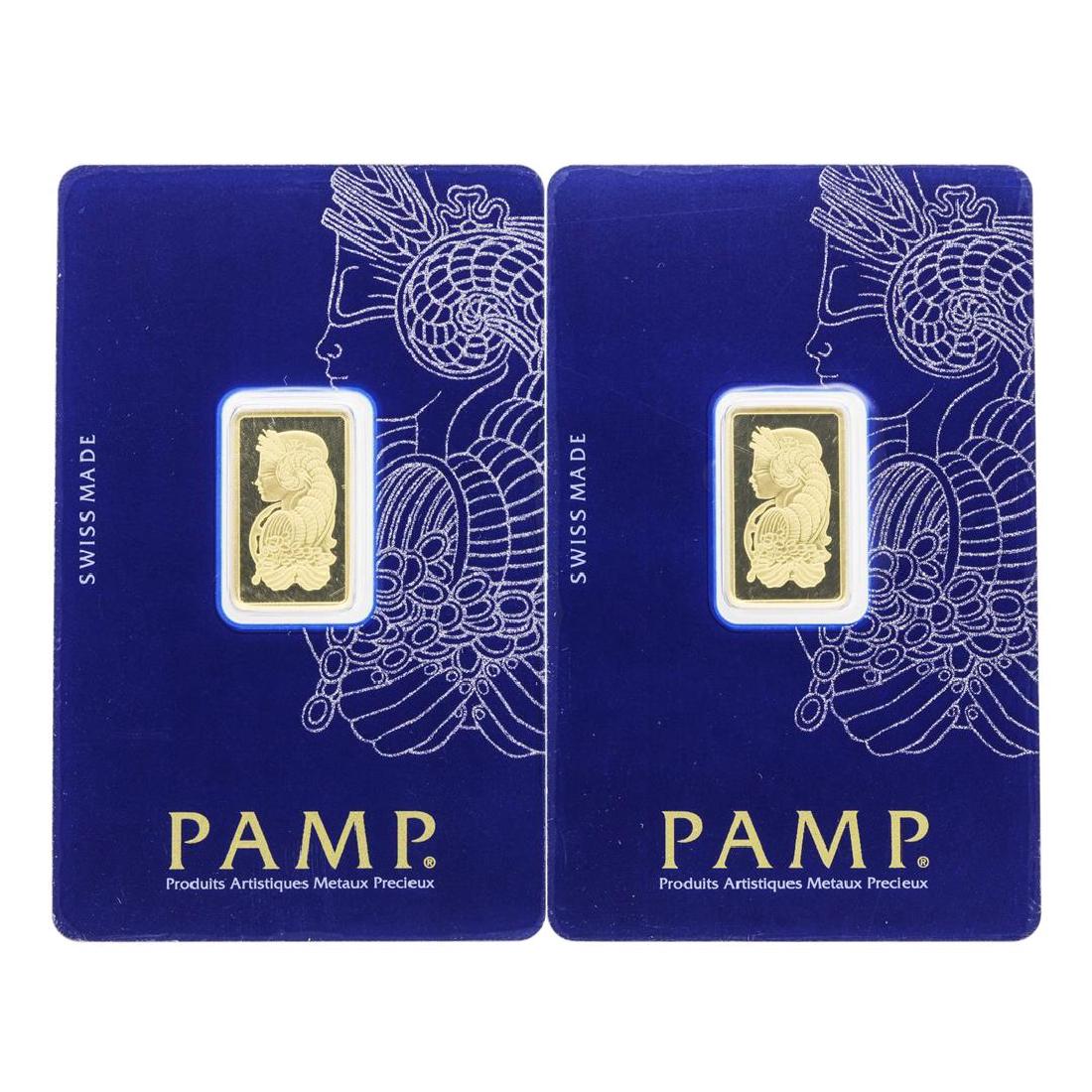 Lot of (2) 5 gram .9999 PAMP Suisse Fine Gold Ingot: One Lot of (2) 5 gram .9999 PAMP Suisse Fine Gold Ingot Bars.