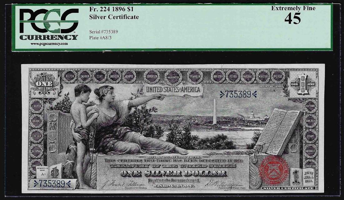 1896 $1 Educational Silver Certificate Note Fr.224 PCGS: One 1896 $1 Educational Silver Certificate Note Fr.224 PCGS Extremely Fine 45. PCGS Graded.