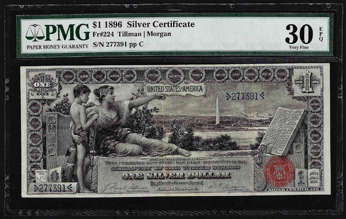 1896 $1 Silver Certificate Note Fr.224 PMG Very Fine: One 1896 $1 Silver Certificate Note Fr.224 PMG Very Fine 30EPQ. PMG Certified.