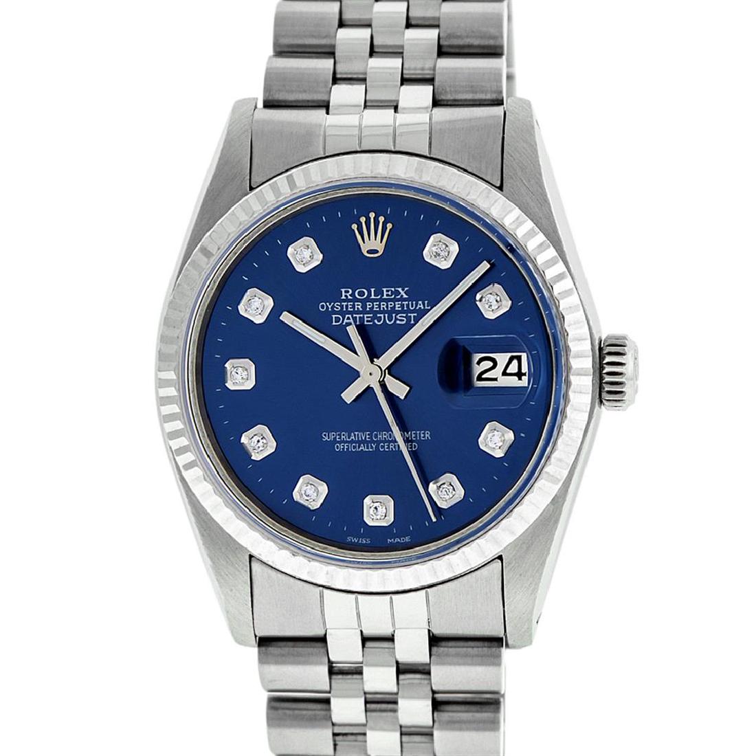 Rolex Mens 36mm Stainless Steel Blue Diamond Datejust: One Gents Rolex Datejust Polished Bright with Satin Finish, Serviced & Electronically Tested, Stainless Steel Case:36mm, Stainless Steel Crown, Bezel: 14K White Gold Fluted Bezel. Custom Crystal: Acry