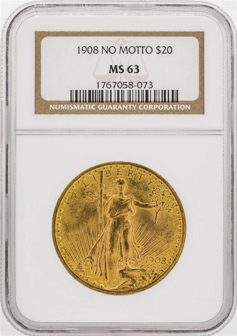 1908 No Motto $20 Saint Gaudens Double Eagle Gold Coin: One 1908 No Motto $20 Saint Gaudens Double Eagle Gold Coin NGC MS63. NGC Certified.