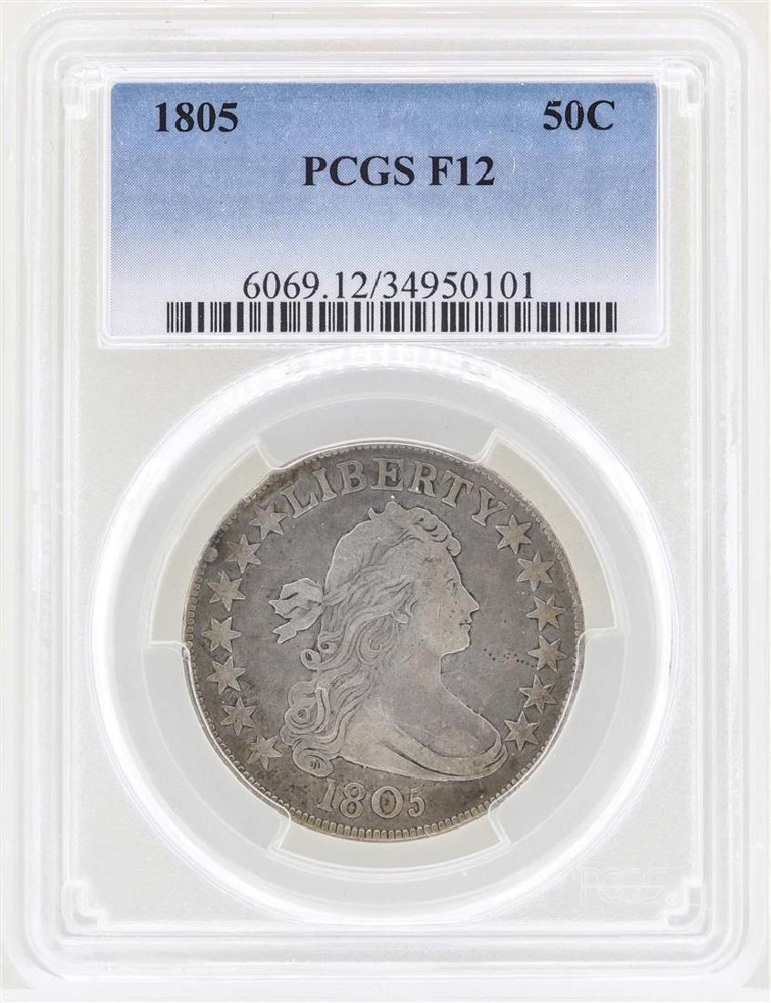 1805 Flowing Hair Half Dollar Coin PCGS F12: One 1805 Flowing Hair Half Dollar Coin PCGS F12. PCGS Graded.