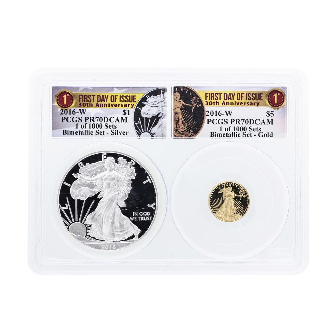 2016-W American Silver & Gold Eagle 30th Anniversary: One 2016-W American Silver & Gold Eagle 30th Anniversary Proof Bimetallic Set PCGS PR70DCAM. PCGS Graded.