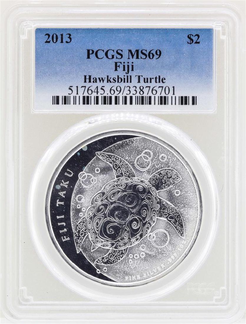 2013 $2 Fiji Hawksbill Turtle Silver Coin PCGS MS69: One 2013 $2 Fiji Hawksbill Turtle Silver Coin PCGS MS69. PCGS Graded.
