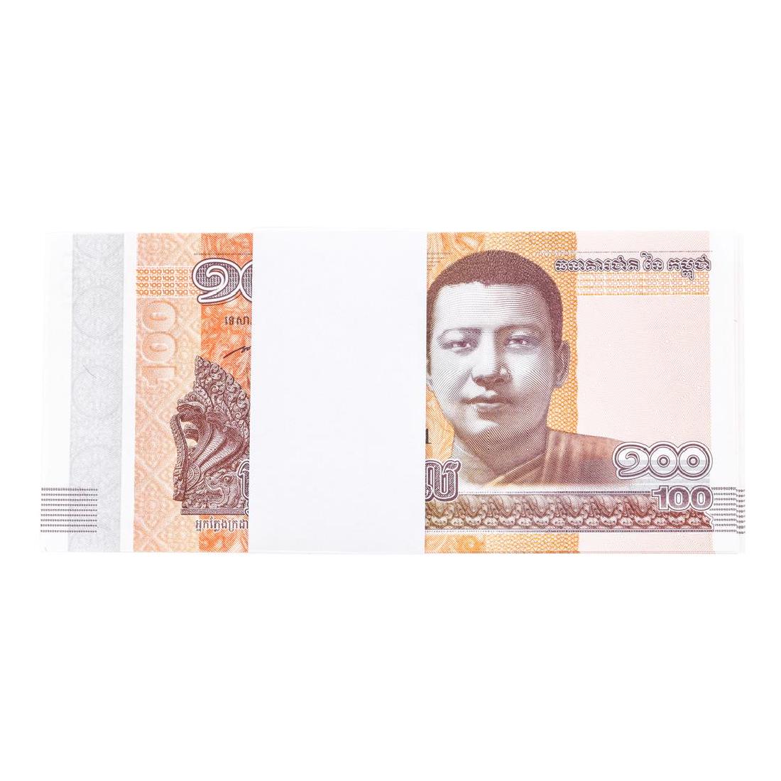 Pack of (100) Consecutive Cambodia 100 Riels: One Pack of (100) Consecutive Cambodia 100 Riels Uncirculated Notes.