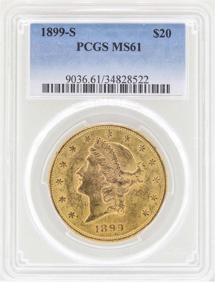 1899-S $20 Liberty Head Double Eagle Gold Coin PCGS: One 1899-S $20 Liberty Head Double Eagle Gold Coin PCGS MS61. PCGS Graded.