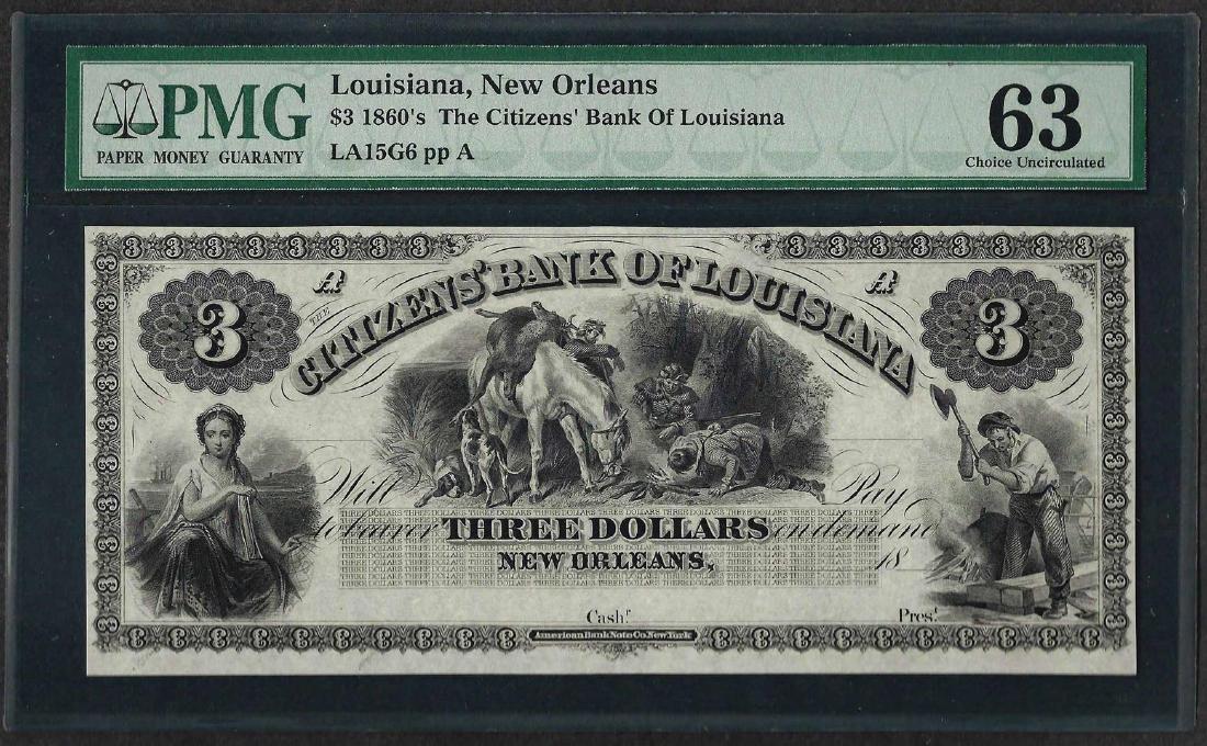 1860's $3 Citizens Bank of Louisiana Obsolete Note PMG: One 1860's $3 Citizens Bank of Louisiana Obsolete Note PMG Choice Uncirculated 63. PMG Certified.