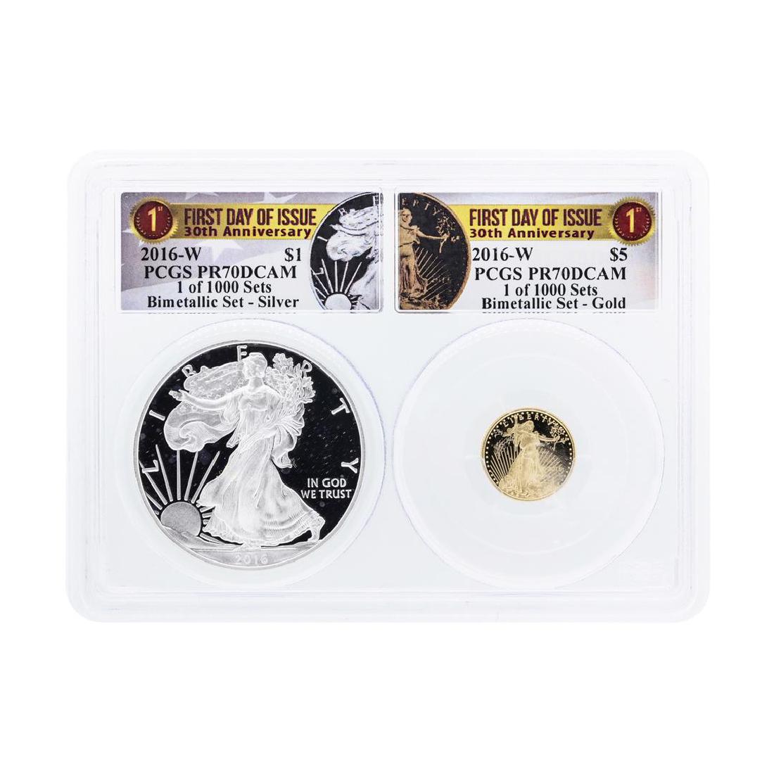 2016-W American Silver & Gold Eagle 30th Anniversary: One 2016-W American Silver & Gold Eagle 30th Anniversary Proof Bimetallic Set PCGS PR70DCAM. PCGS Graded.