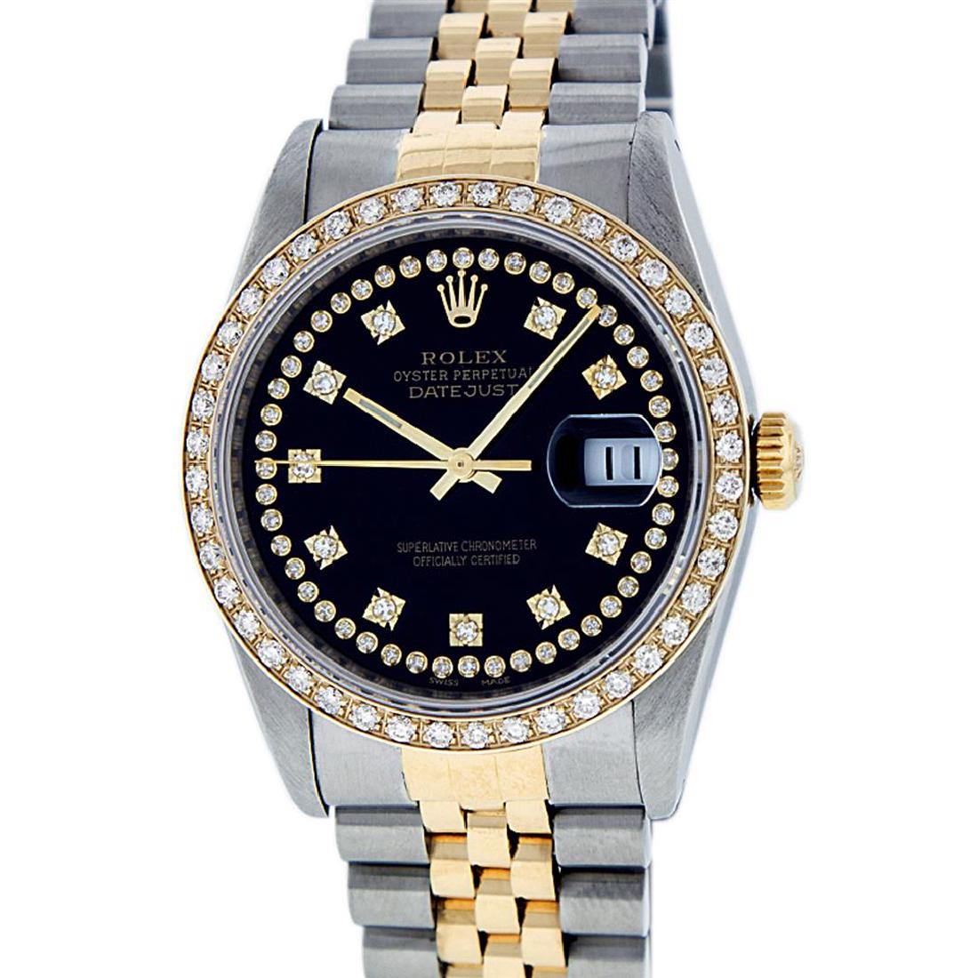 Rolex Men's Two Tone 14K Black String VS Diamond: One Mens 14K Yellow Gold Two Tone Rolex Datejust Polished, Serviced & Electronically Tested, 14K Yellow Gold & Stainless Steel Case: 36mm, 14K Yellow Gold Crown, Custom Bezel: 18K Yellow Gold Beadset