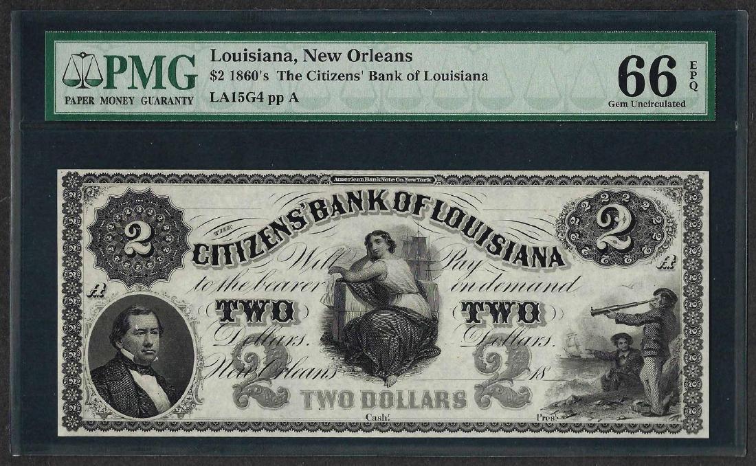 1860's $2 Citizens Bank of Louisiana Obsolete Note PMG: One 1860's $2 Citizens Bank of Louisiana Obsolete Note PMG Gem Uncirculated 66EPQ. PMG Certified.