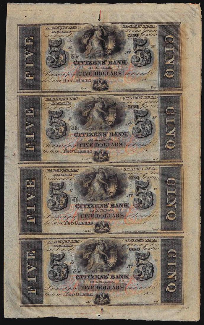 Uncut Sheet of $5 Citizens Bank of Louisiana Obsolete: One Uncut Sheet of $5 Citizens Bank of Louisiana Obsolete Notes.