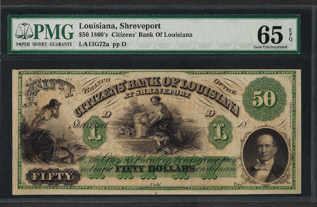 1860's $50 Citizens Bank of Louisiana Obsolete Note PMG: One 1860's $50 Citizens Bank of Louisiana Obsolete Note PMG Gem Uncirculated 65EPQ. PMG Certified.
