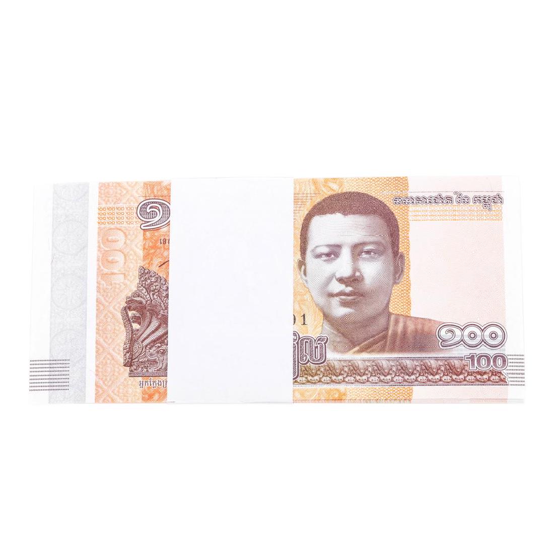 Pack of (100) Consecutive Cambodia 100 Riels: One Pack of (100) Consecutive Cambodia 100 Riels Uncirculated Notes.