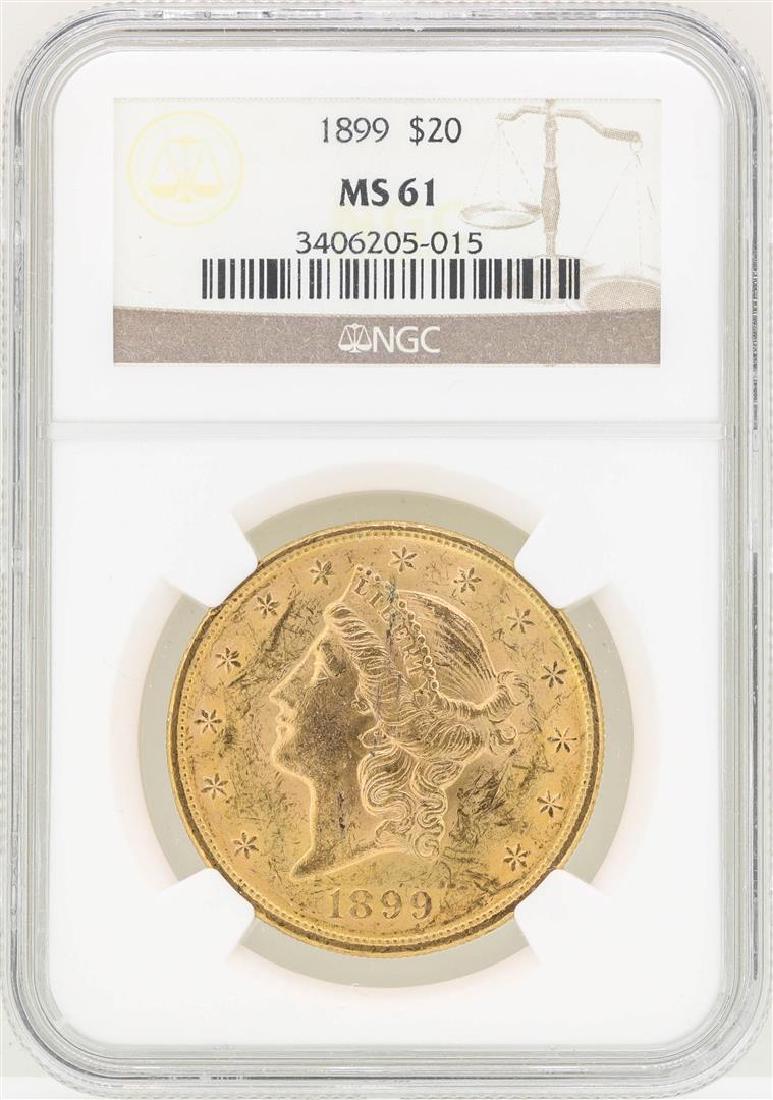 1899 $20 Liberty Head Double Eagle Gold Coin NGC MS61: One 1899 $20 Liberty Head Double Eagle Gold Coin NGC MS61. NGC Certified.