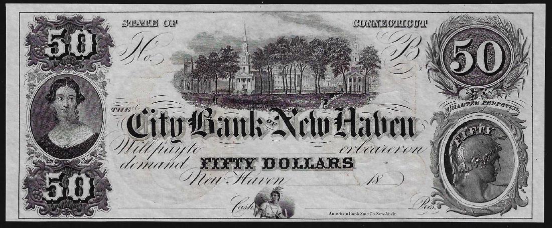 1800's $50 City Bank of New Haven Obsolete Note: One 1800's $50 City Bank of New Haven Obsolete Note.