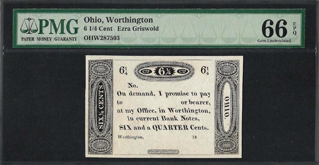 1800's 6 1/4 Cent Ezra Griswold Obsolete Note PMG Gem: One 1800's 6 1/4 Cent Ezra Griswold Obsolete Note PMG Gem Uncirculated 66EPQ. PMG Certified.