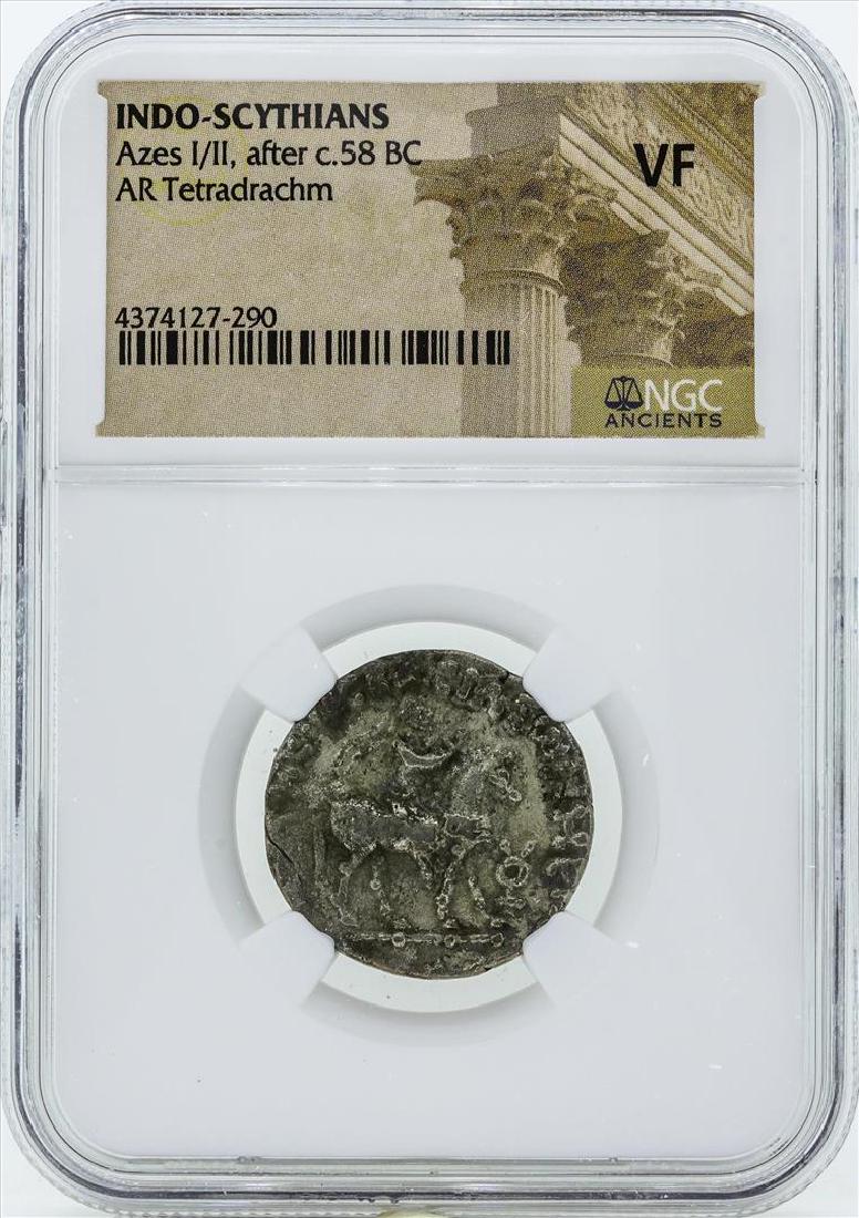 58 BC Indo Scythians Azes I/II AR Tetradrachm Coin NGC: One 58 BC Indo Scythians Azes I/II AR Tetradrachm Coin NGC VF. NGC Certified.