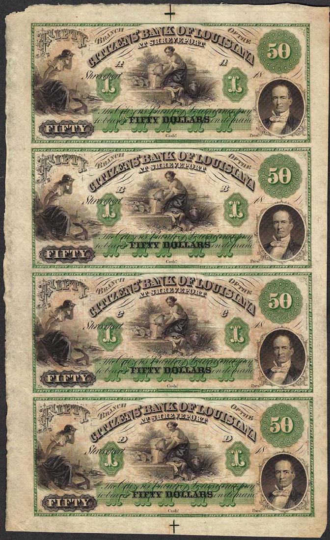 Uncut Sheet of 1800's $50 Citizens Bank of Louisiana: One Uncut Sheet of 1800's $50 Citizens Bank of Louisiana Obsolete Notes.