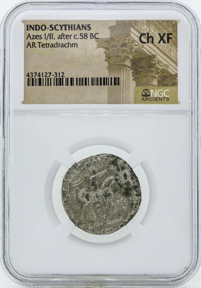 58 BC Indo Scythians Azes I/II AR Tetradrachm Coin NGC: One 58 BC Indo Scythians Azes I/II AR Tetradrachm Coin NGC Ch XF. NGC Certified.