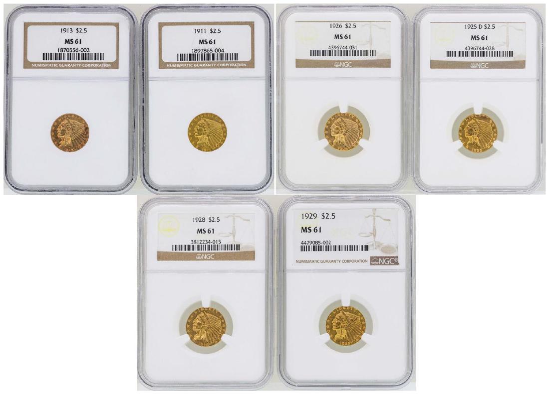 Lot of (6) $2 1/2 Indian Head Quarter Eagle Gold Coins: One Lot of (6) $2 1/2 Indian Head Quarter Eagle Gold Coins NGC MS61. NGC Certified.