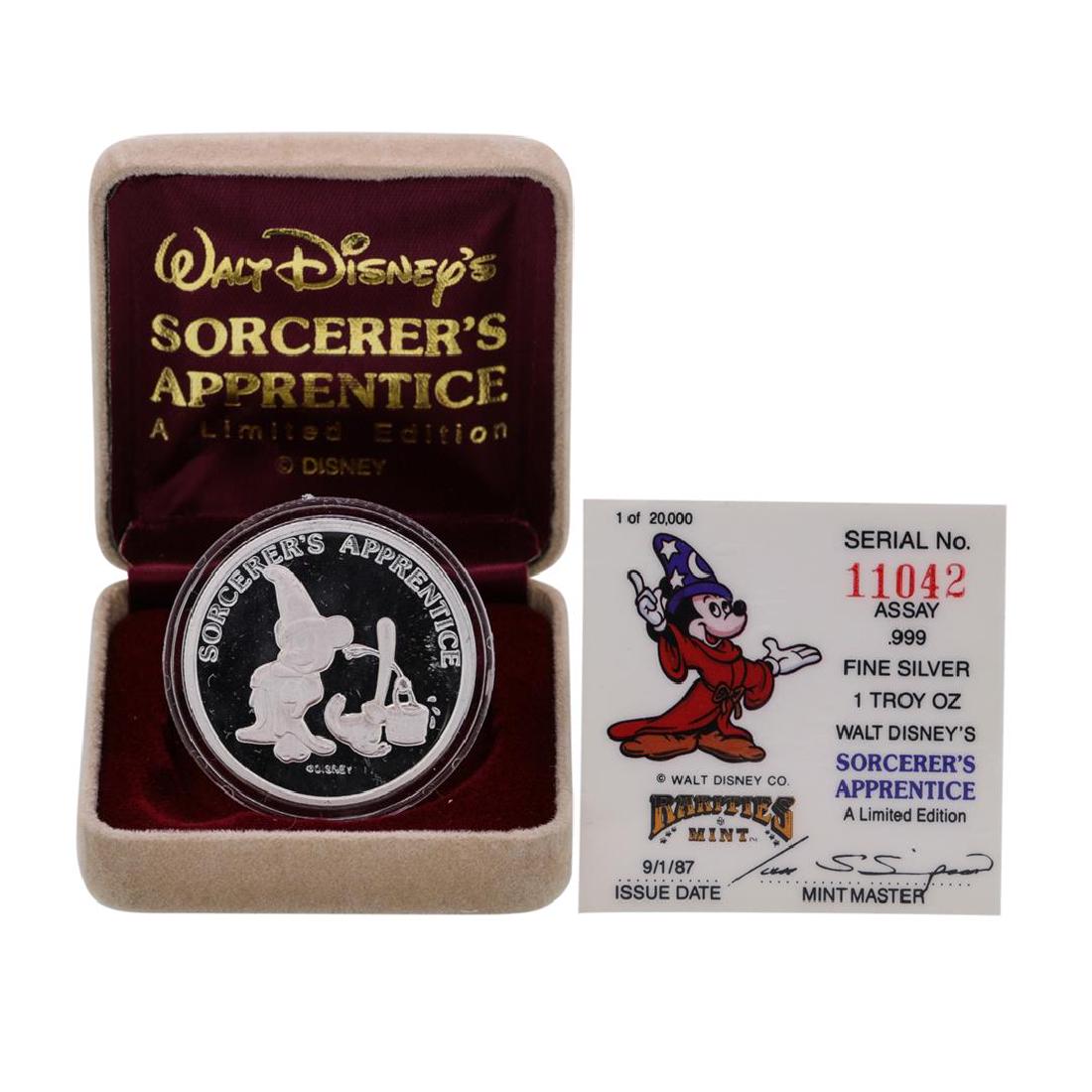 1987 Disney Mickey Mouse Sorcerer's Apprentice 1 oz: One 1987 Disney Mickey Mouse Sorcerer's Apprentice 1 oz .999 Fine Silver Round w/Box & COA.