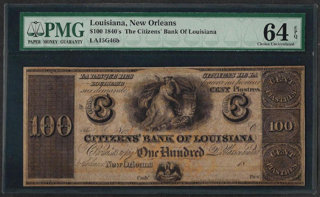 1800's $100 Citizens Bank of Louisiana Obsolete Note: One 1800's $100 Citizens Bank of Louisiana Obsolete Note PMG Choice Uncirculated 64EPQ. PMG Certified.