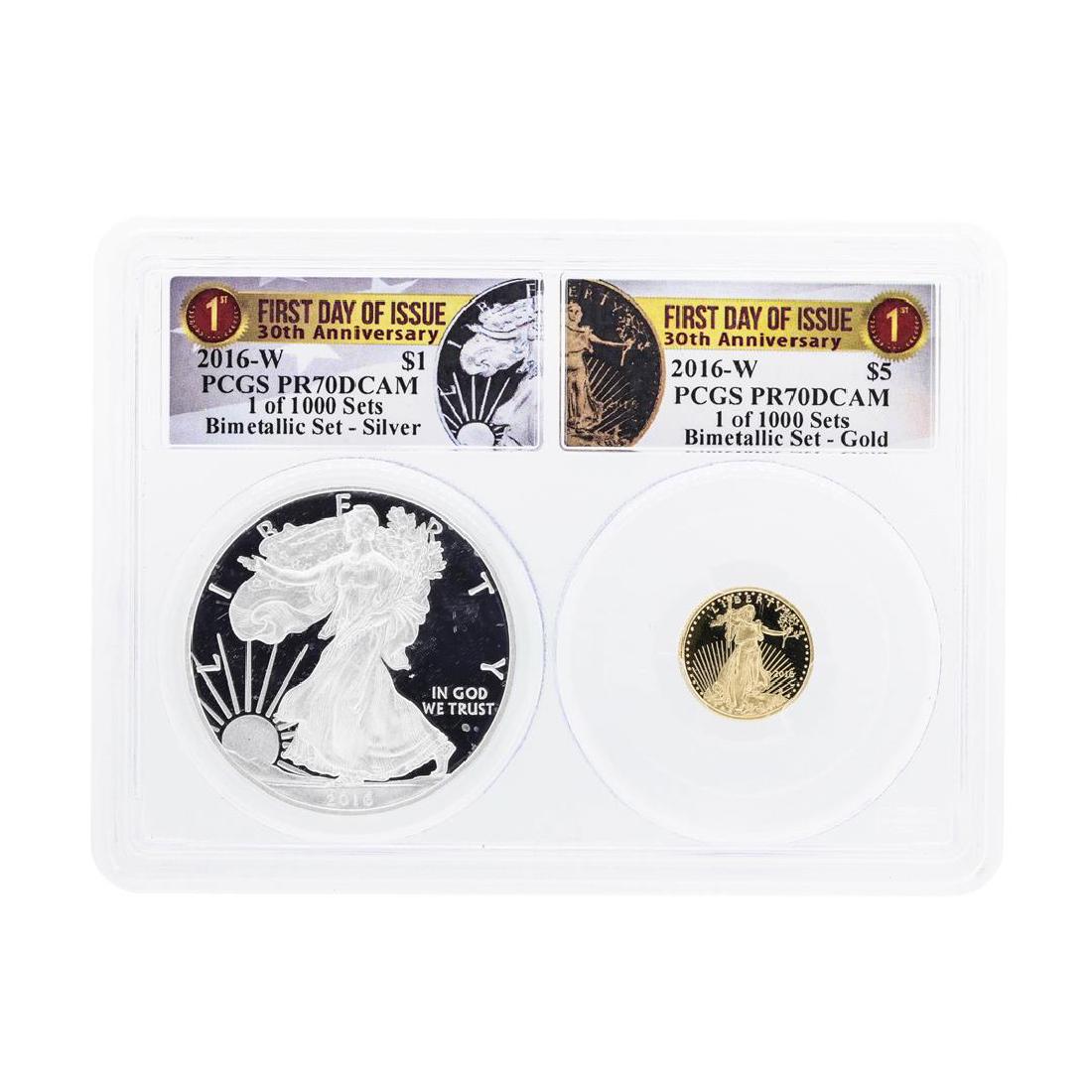 2016-W American Silver & Gold Eagle 30th Anniversary: One 2016-W American Silver & Gold Eagle 30th Anniversary Proof Bimetallic Set PCGS PR70DCAM. PCGS Graded.