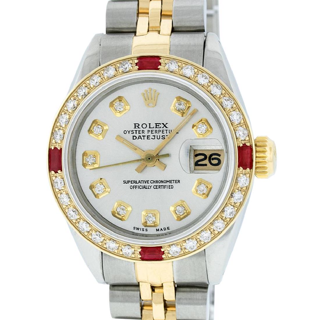 Rolex Ladies Two Tone 14K Silver Diamond & Ruby: One Ladies 14K Two Tone Rolex Datejust Polished, Serviced & Electronically Tested, 14K Yellow Gold & Stainless Steel Case: 26mm, 14K Yellow Gold Crown, Custom Bezel: New 18K Yellow Gold Ruby Beadset D