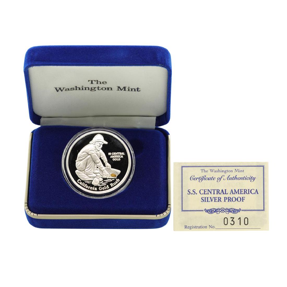 SS Central America .999 Fine Silver Proof Metal w/ Gold: One SS Central America .999 Fine Silver Proof Metal w/ Gold Nugget w/Box & COA.