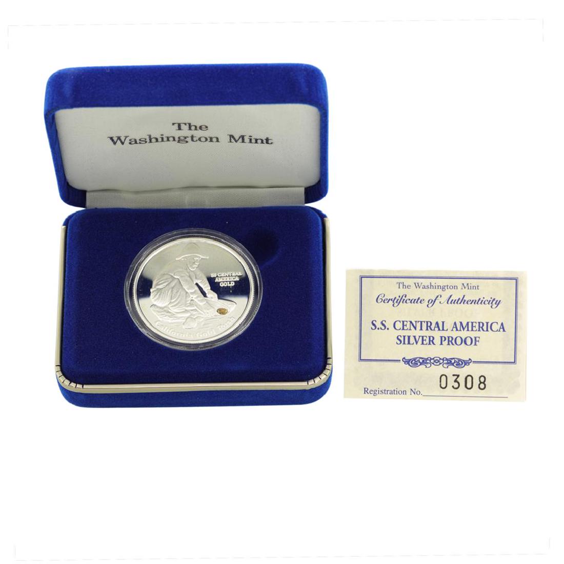 SS Central America .999 Fine Silver Proof Metal w/ Gold: One SS Central America .999 Fine Silver Proof Metal w/ Gold Nugget w/Box & COA.