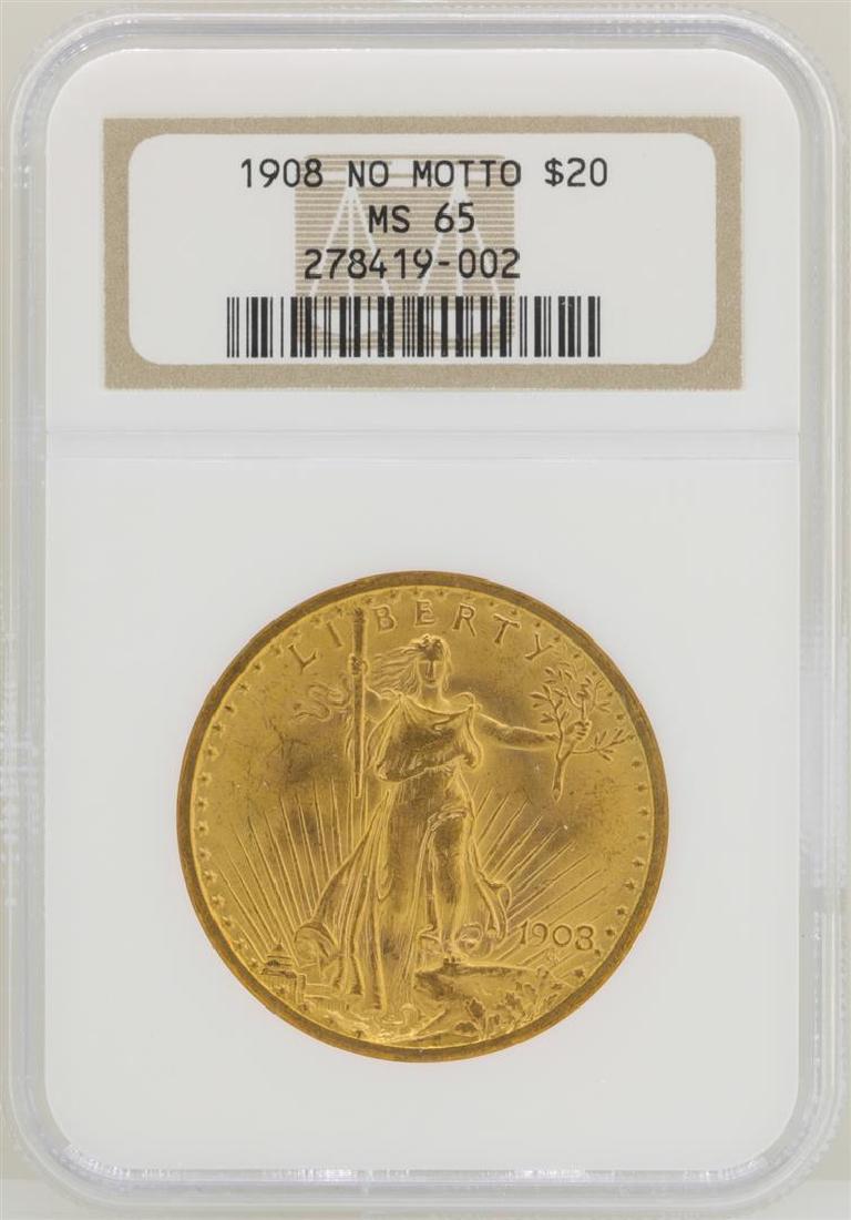 1908 No Motto $20 St. Gaudens Double Eagle Gold Coin: One 1908 No Motto $20 St. Gaudens Double Eagle Gold Coin NGC MS65. NGC Certified.