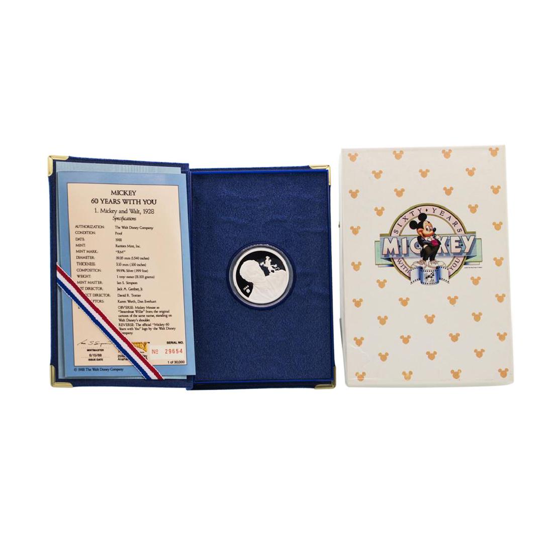 1988 Rarities Mint Disney Mickey Mouse Silver Proof: One 1988 Rarities Mint Disney Mickey Mouse Silver Proof Coin w/Box & COA.