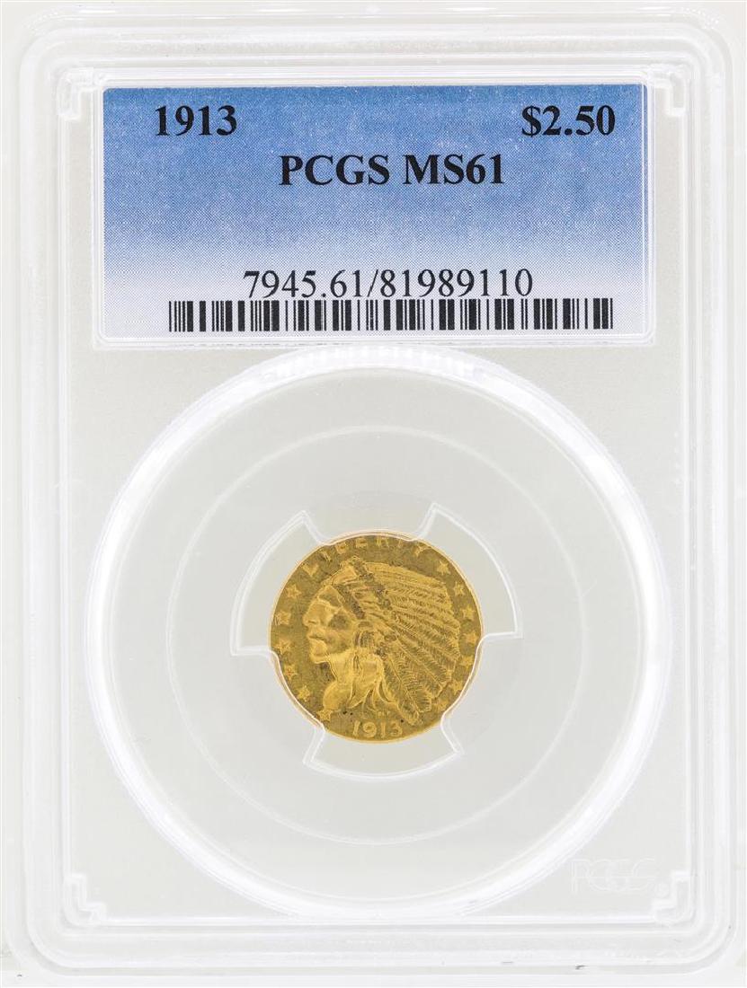 1913 $2 1/2 Indian Head Quarter Eagle Gold Coin NGC: One 1913 $2 1/2 Indian Head Quarter Eagle Gold Coin NGC MS61. NGC Certified.
