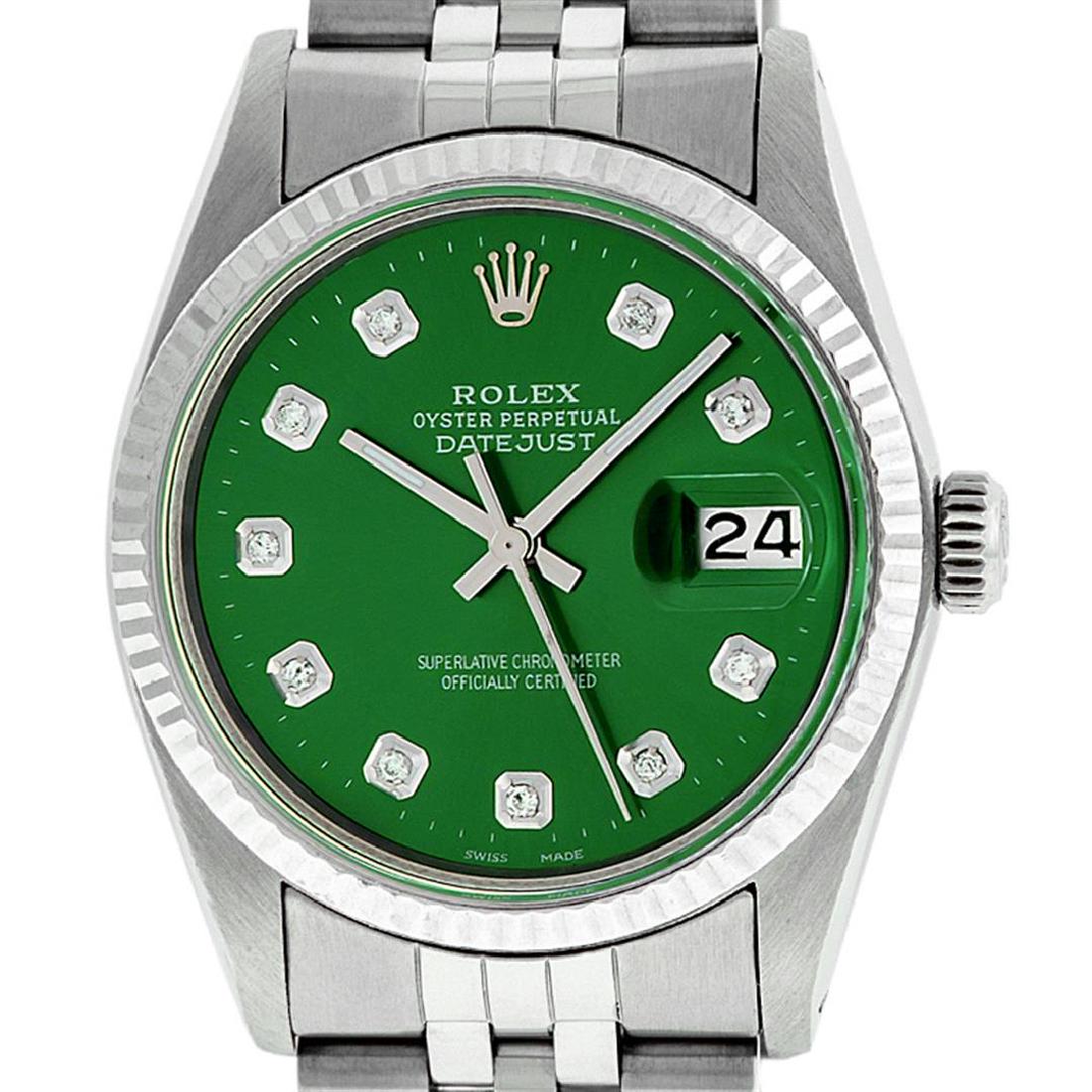 Rolex Men's Stainless Steel Green Diamond 36MM Datejust: One Men's Stainless Steel Rolex Datejust Polished Bright with Satin Finish, This Watch Has Been Serviced & Electronically Tested, Stainless Steel Case: 36mm, Stainless Steel Crown, Bezel: 14K White Go