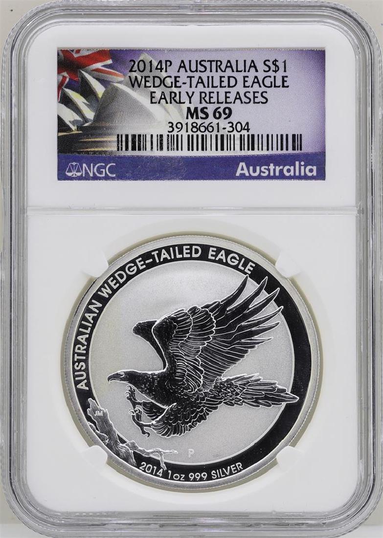 2014P $1 Australia Wedge-Tailed Eagle Silver Coin NGC: One 2014P $1 Australia Wedge-Tailed Eagle Silver Coin NGC MS69 Early Releases. NGC Certified.