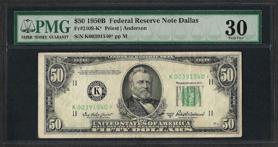 1950B $50 Federal Reserve STAR Note Dallas Fr.2109-K*: One 1950B $50 Federal Reserve STAR Note Dallas Fr.2109-K* PMG Very Fine 30. PMG Certified.