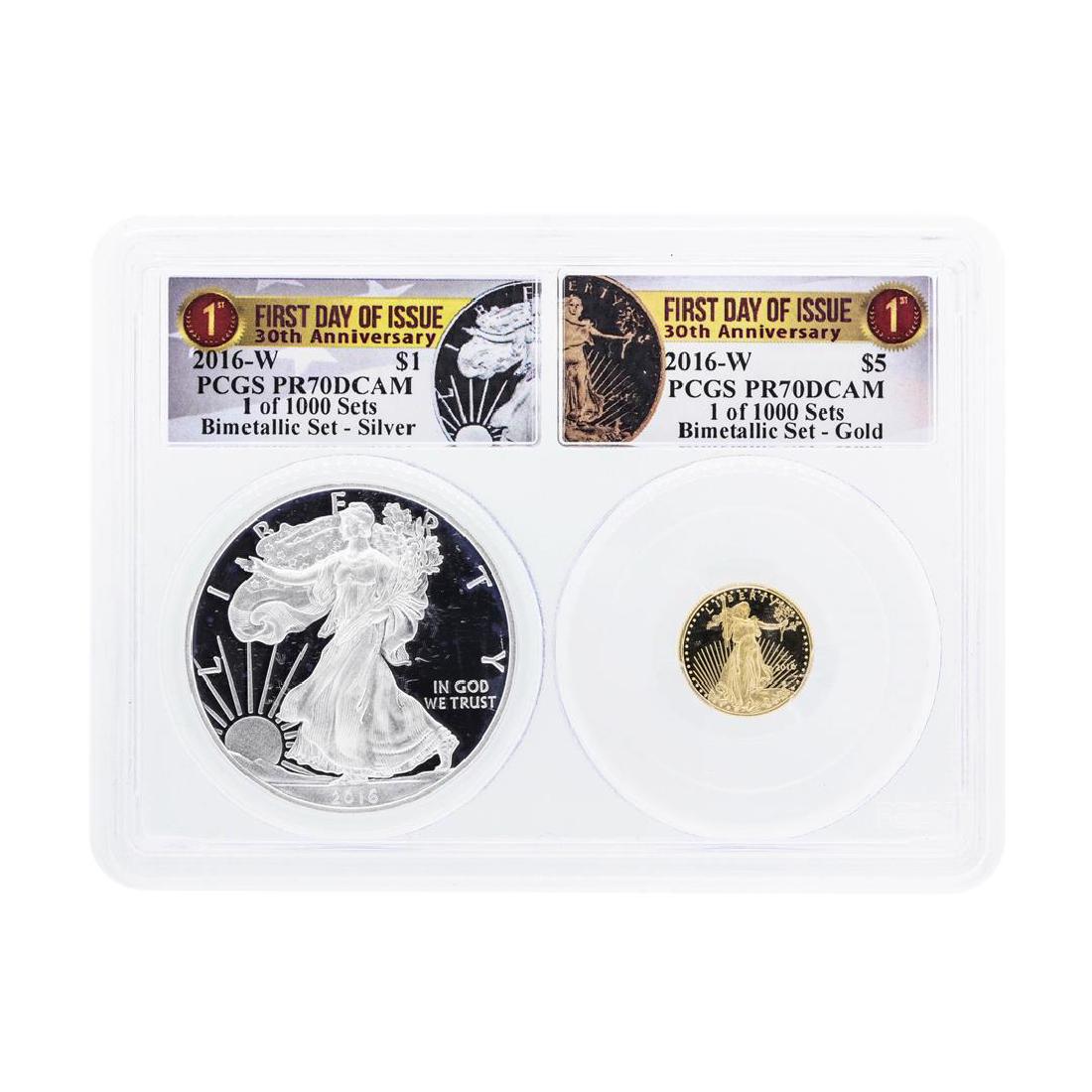 2016-W American Silver & Gold Eagle 30th Anniversary: One 2016-W American Silver & Gold Eagle 30th Anniversary Proof Bimetallic Set PCGS PR70DCAM. PCGS Graded.