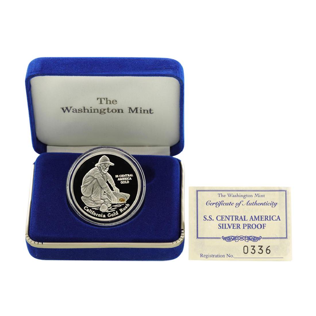 SS Central America .999 Fine Silver Proof Metal w/ Gold: One SS Central America .999 Fine Silver Proof Metal w/ Gold Nugget w/Box & COA.