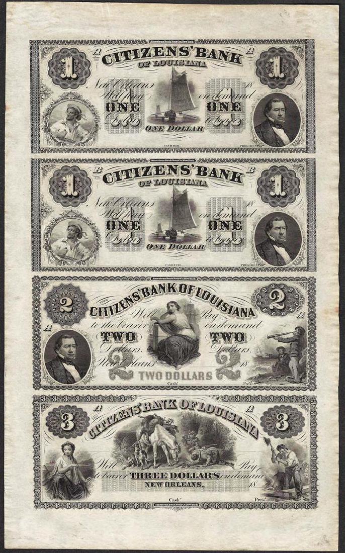 Uncut Sheet of 1800's Citizens Bank of Louisiana: One Uncut Sheet of 1800's Citizens Bank of Louisiana Obsolete Notes.