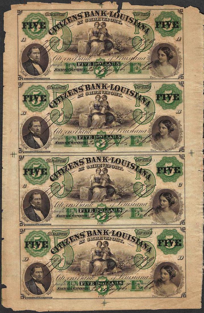 Uncut Sheet of 1800's $5 Citizens Bank of Louisiana: One Uncut Sheet of 1800's $5 Citizens Bank of Louisiana Obsolete Notes.