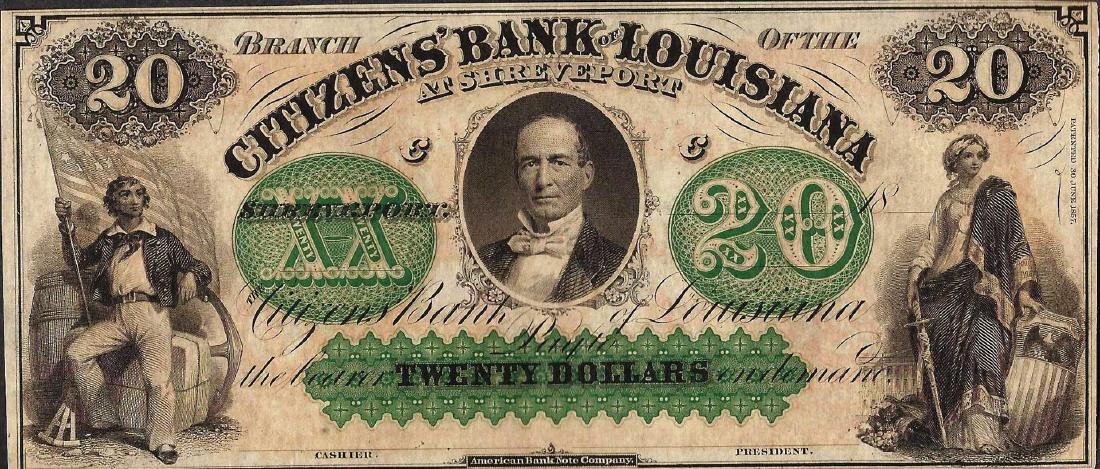1800's $20 Citizens Bank of Louisiana Obsolete Note: One 1800's $20 Citizens Bank of Louisiana Obsolete Note.