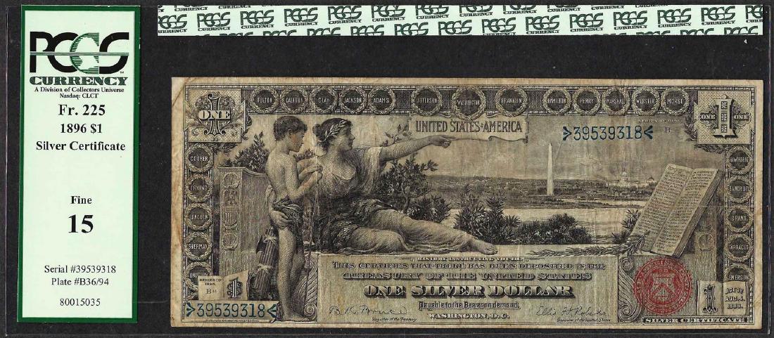 1896 $1 Educational Silver Certificate Note Fr.225 PCGS: One 1896 $1 Educational Silver Certificate Note Fr.225 PCGS Fine 15. PCGS Graded.