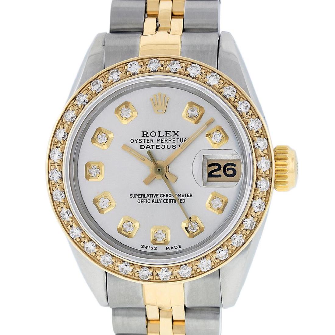 Rolex Ladies Two Tone 14K Silver Diamond Datejust: One Ladies 14K Two Tone Rolex Datejust Polished, Serviced & Electronically Tested, 14K Yellow Gold & Stainless Steel Case: 26mm, 14K Yellow Gold Crown, Custom Bezel: 18K Yellow Gold Beadset Diamond