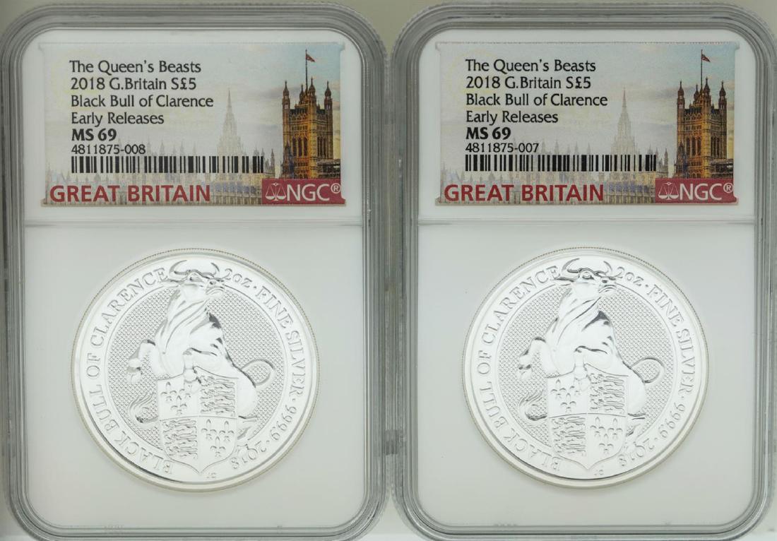 Lot of (2) 2018 Great Britain 5 Pound Queen's Beasts: One Lot of (2) 2018 Great Britain 5 Pound Queen's Beasts Silver Coins NGC MS69 Early Releases. NGC Certified.