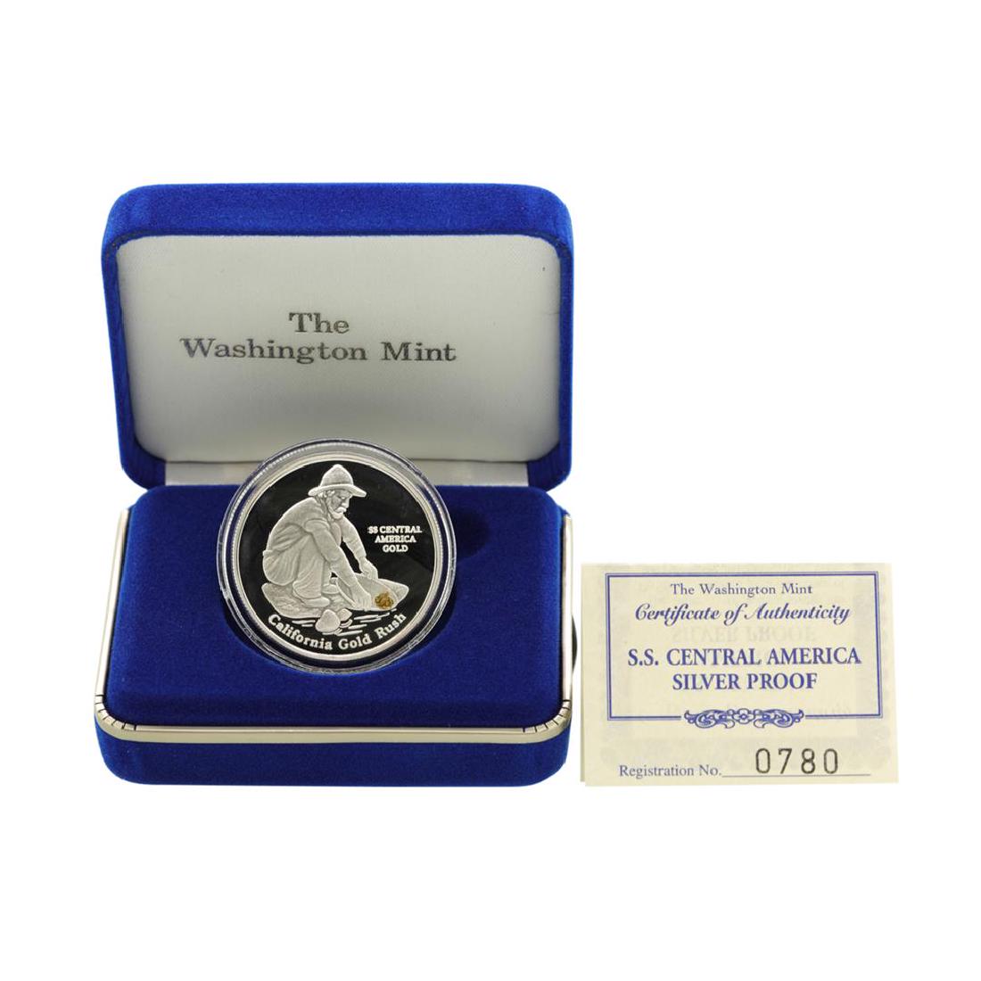 SS Central America .999 Fine Silver Proof Metal w/ Gold: One SS Central America .999 Fine Silver Proof Metal w/ Gold Nugget w/Box & COA.